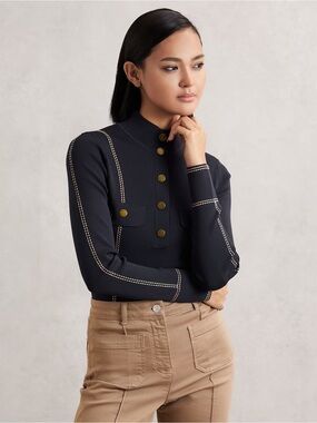 NWT - Reiss - Eva Contrast-Stitch Knit Top - Navy